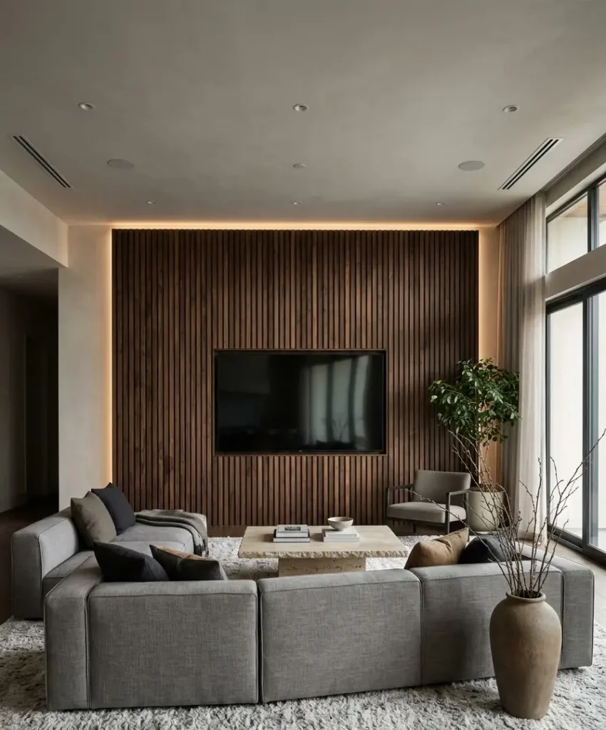 Dark wood slat panels