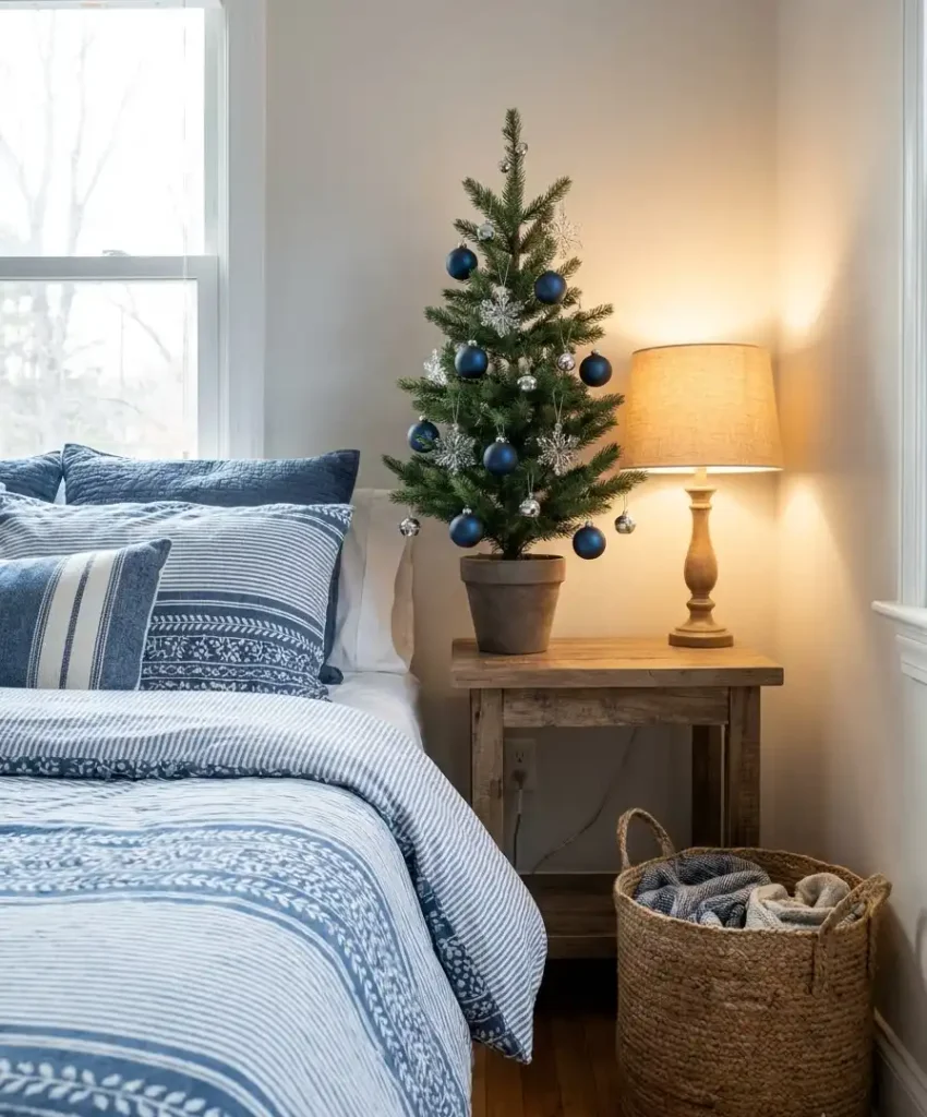 Decorate a tabletop tree with blue ornaments
