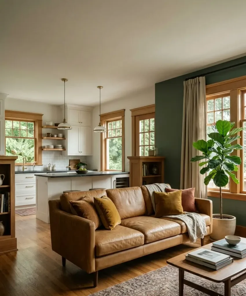 Deep forest green behind the sofa