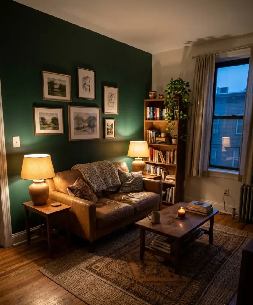 Deep forest green with warm lighting