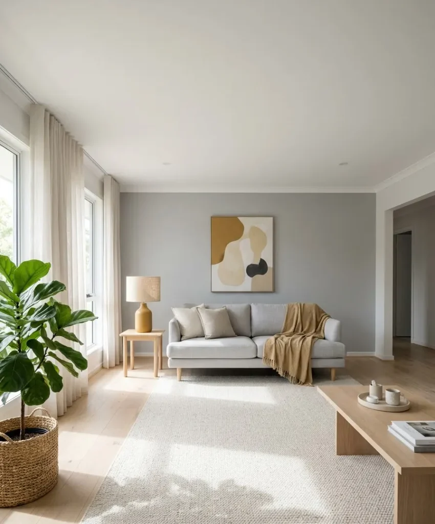 Dove grey wall with mustard touches