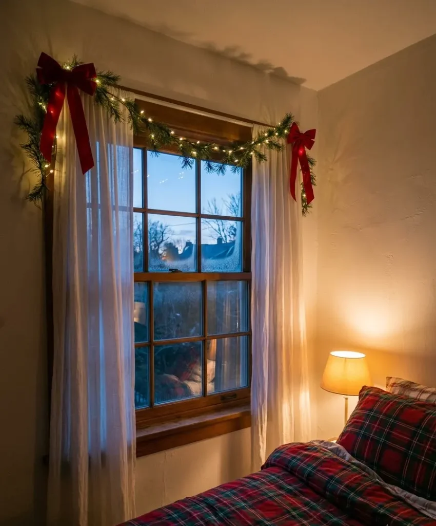 Dress the window with red ribbon