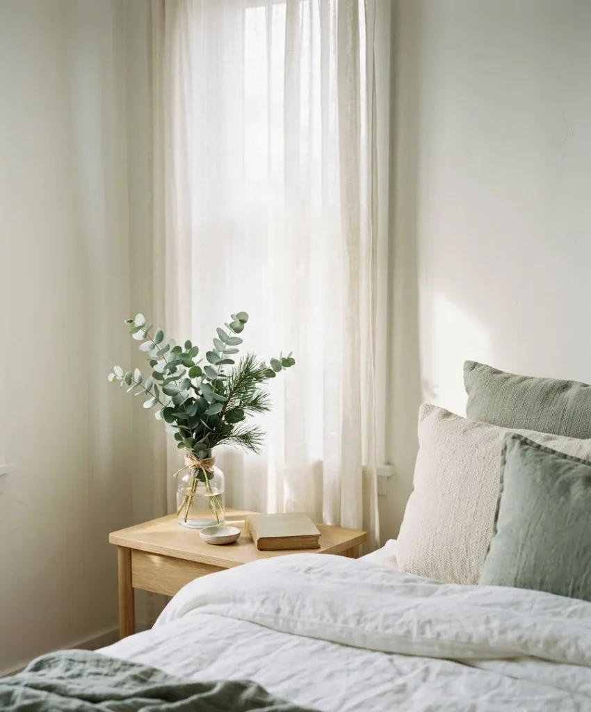 Eucalyptus and pine bundles on the nightstand