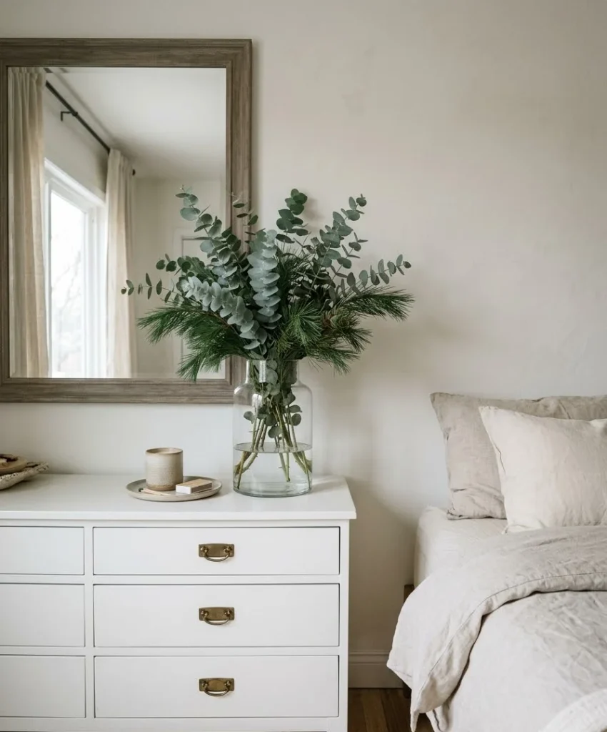 Eucalyptus and pine in a bud vase
