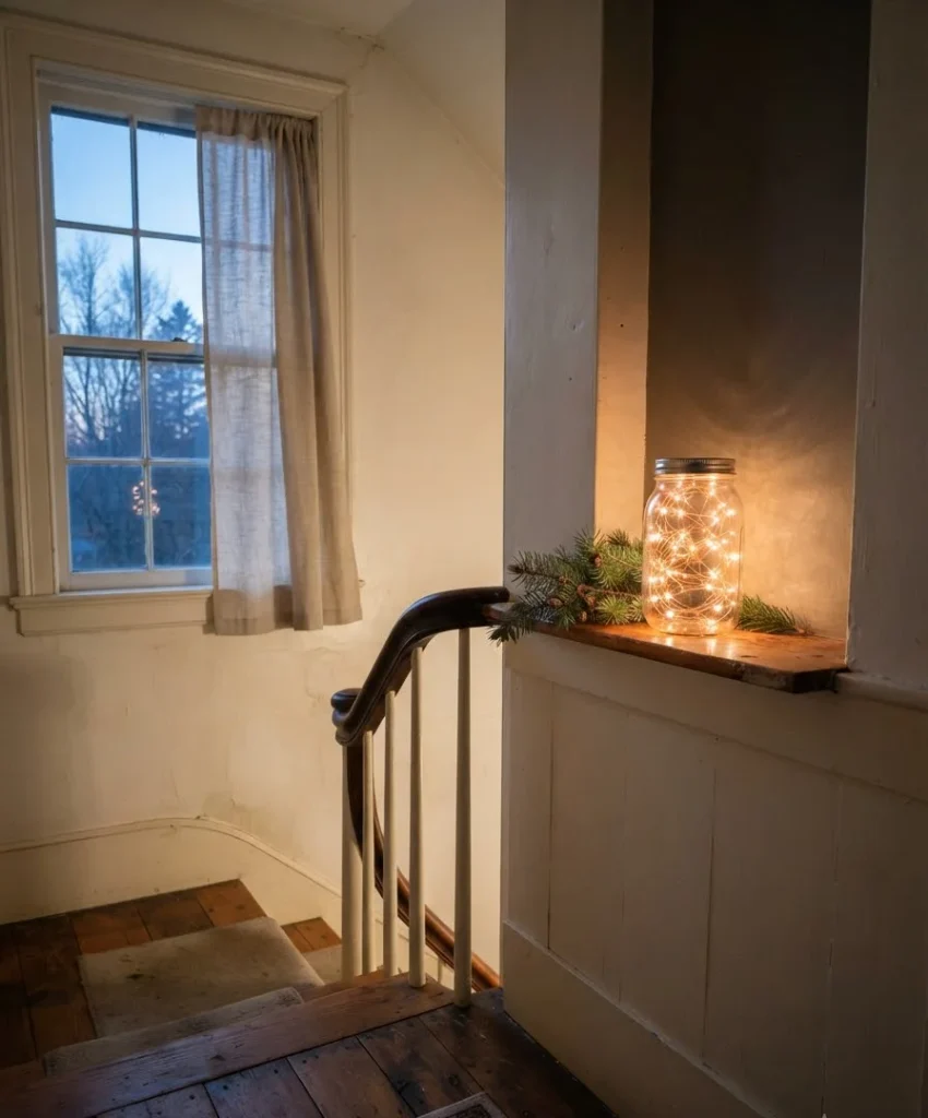 Fairy lights in a glass jar on the landing