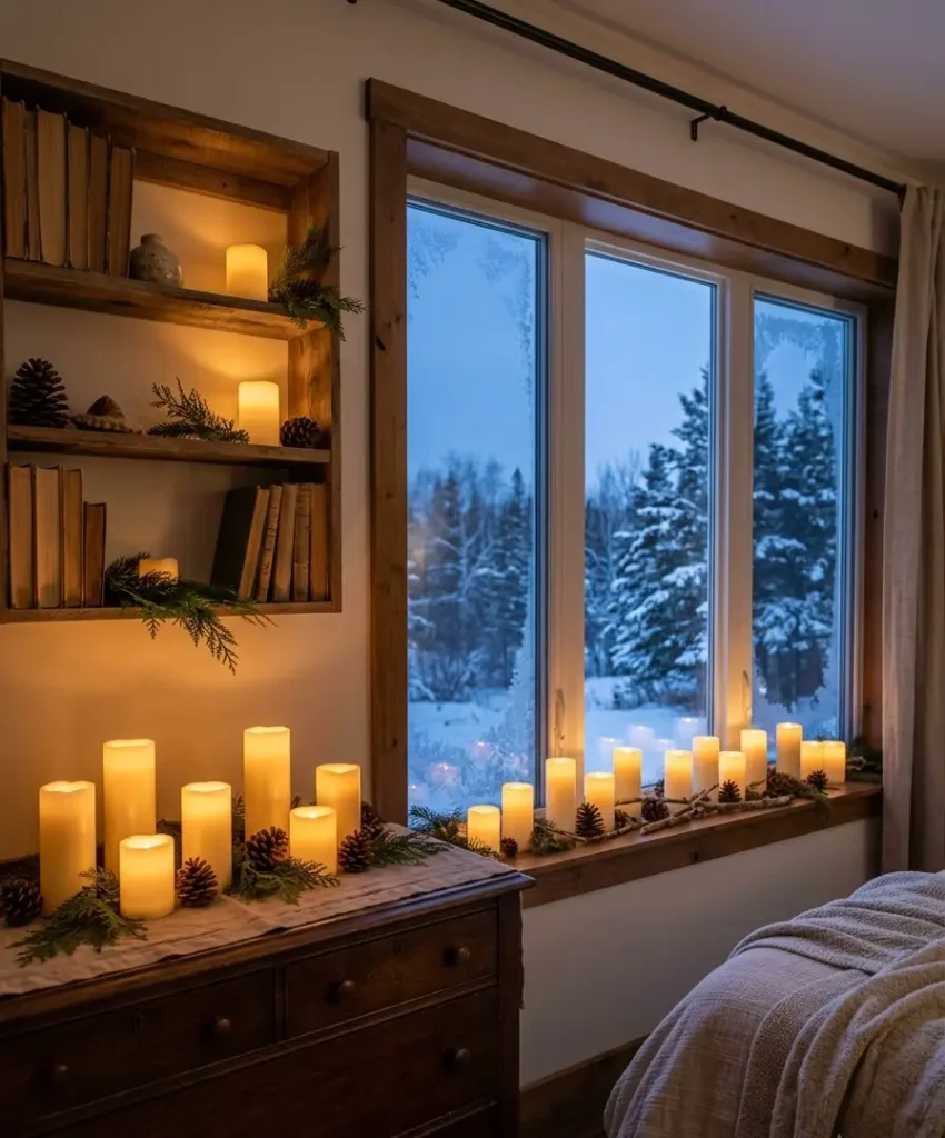 Flameless candles on every flat surface