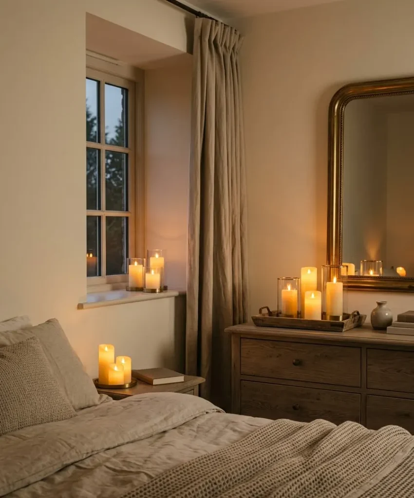 Flameless candles on every flat surface