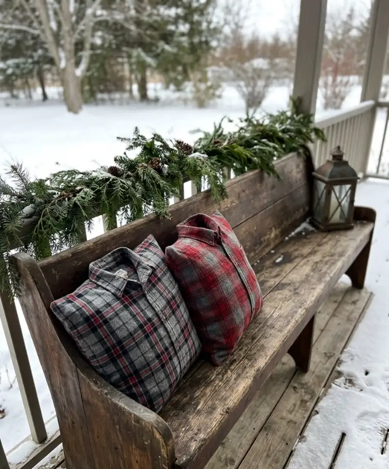  Flannel pillows on a bench