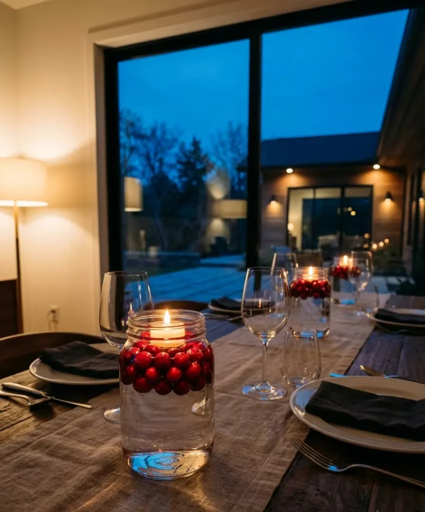 Floating candle and cranberry jar