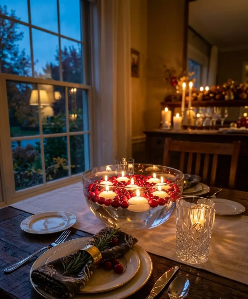 Floating candles in a glass bowl