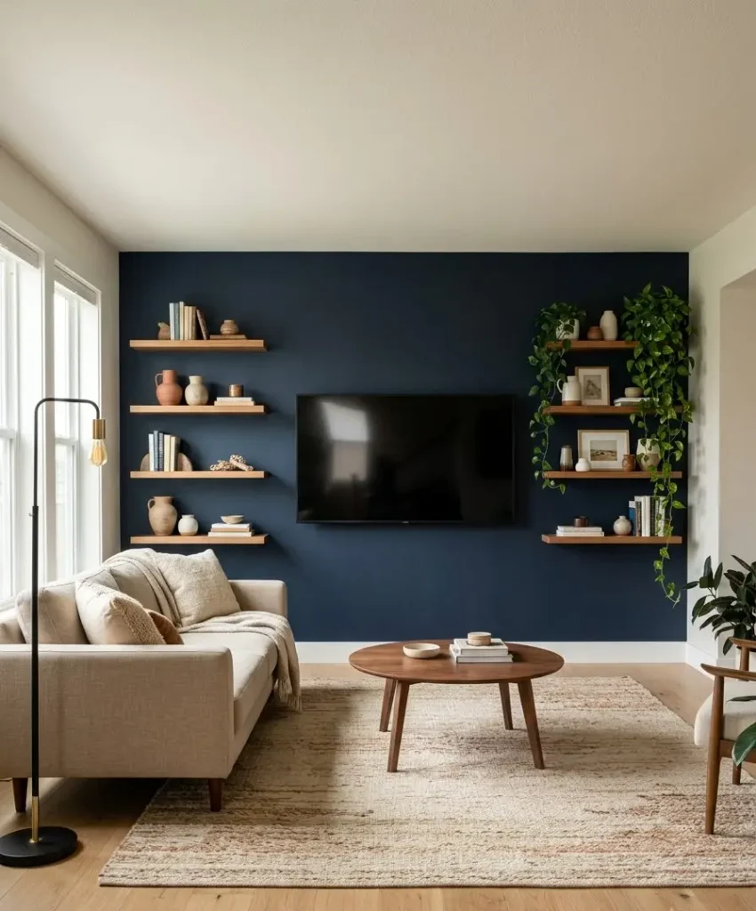 Floating shelves flanking the screen