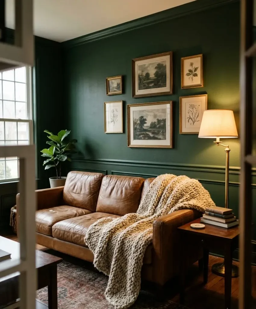 Forest green behind a leather sofa