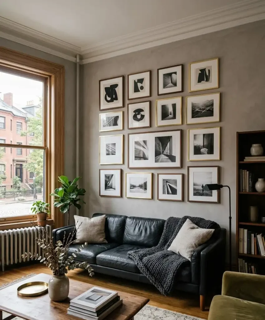 Gallery wall in warm frames