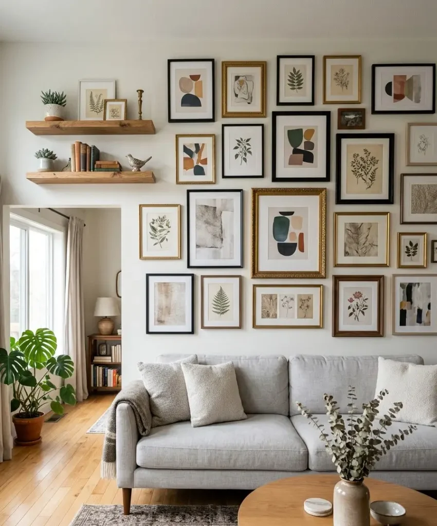 Gallery wall of mismatched art