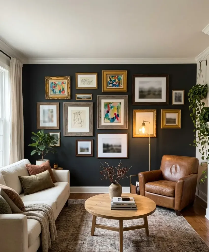 Gallery wall on charcoal paint