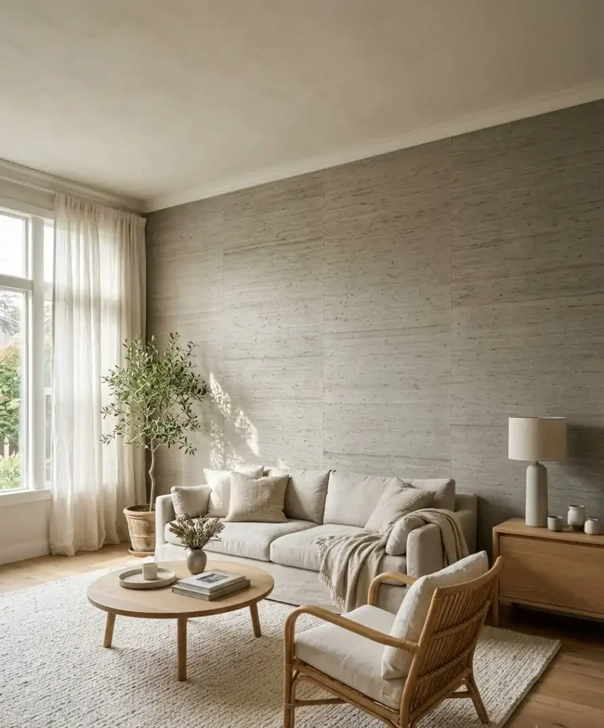 Grasscloth wallpaper in grey-beige