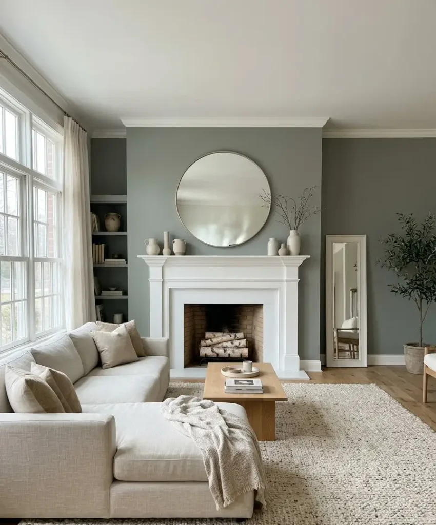 Gray-green fireplace wall