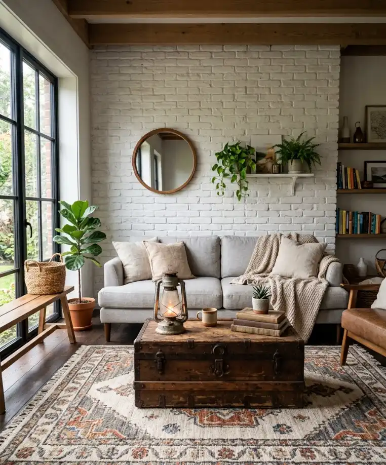 Gray sofa against whitewashed brick