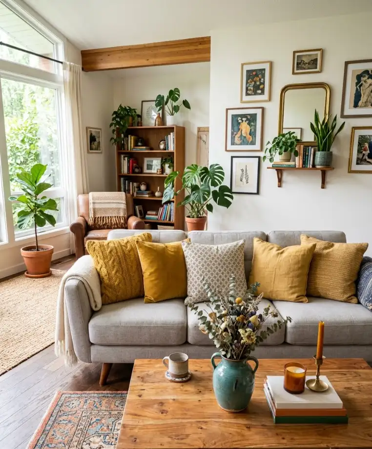 Gray sofa with a mustard pillow collection