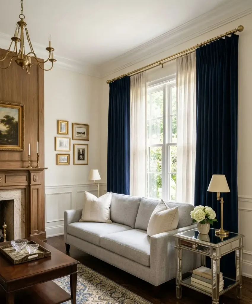 Gray sofa with navy drapes
