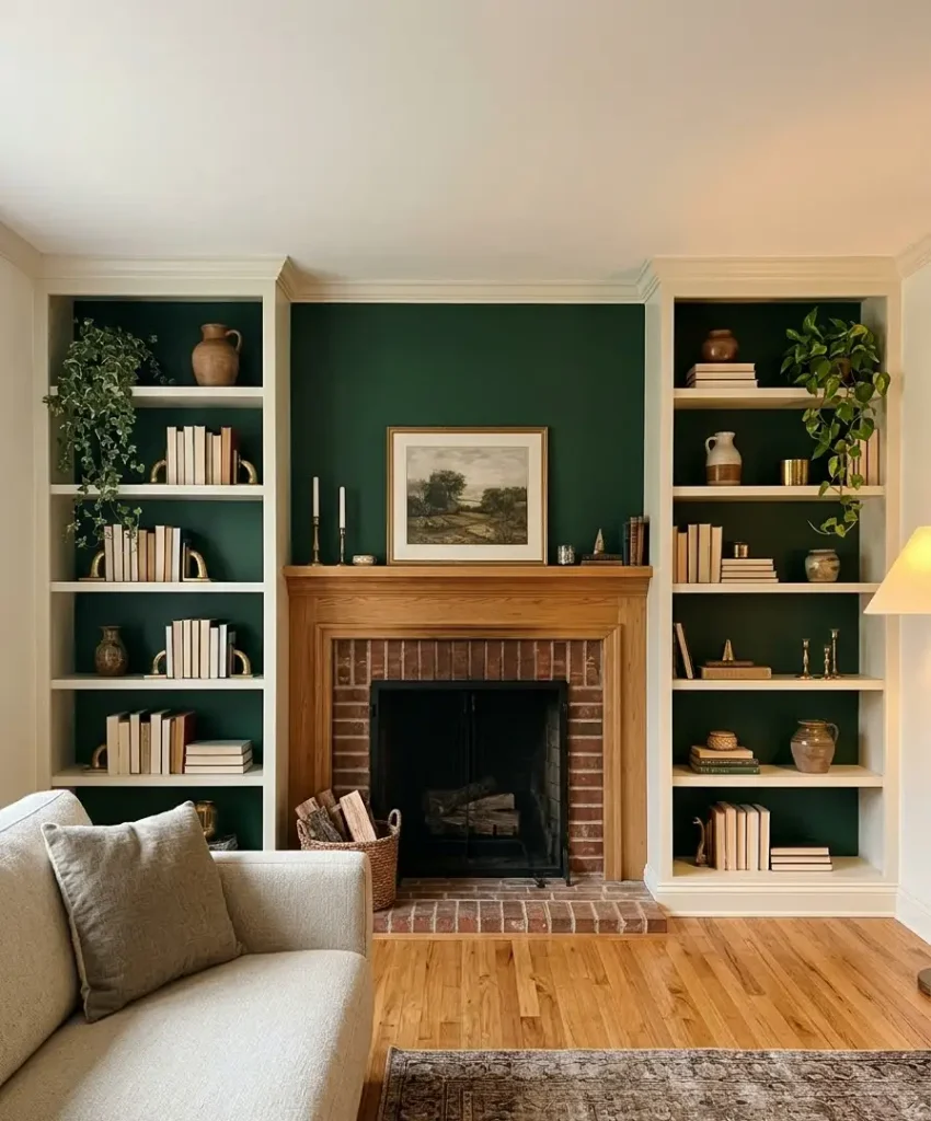Green behind built-in shelves
