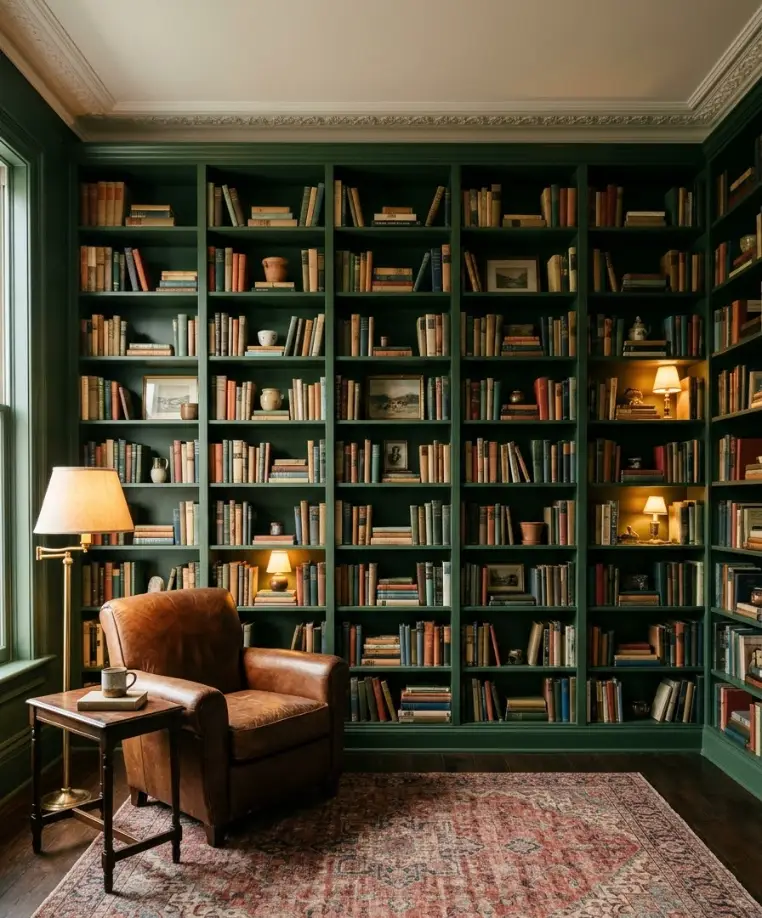 Green built-in bookcase wall