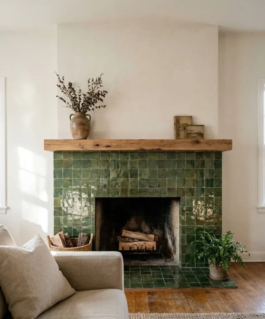 Green tile fireplace surround