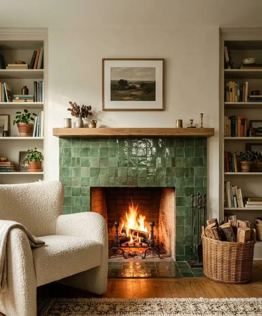 Green tile fireplace surround