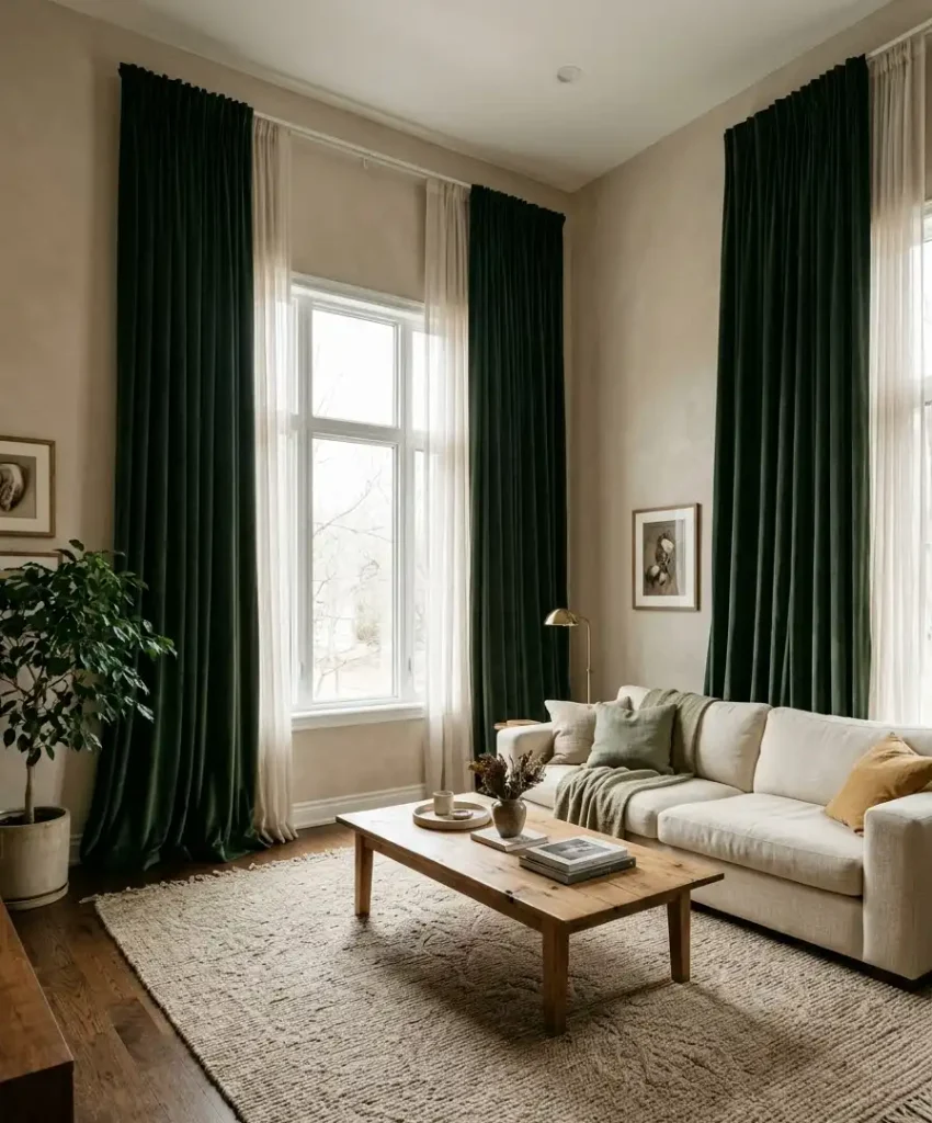 Green velvet drapes against