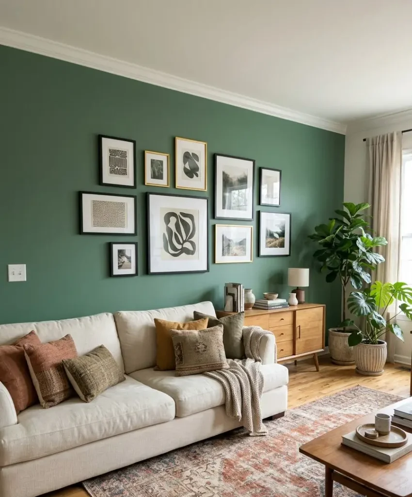 Green wall with a gallery display