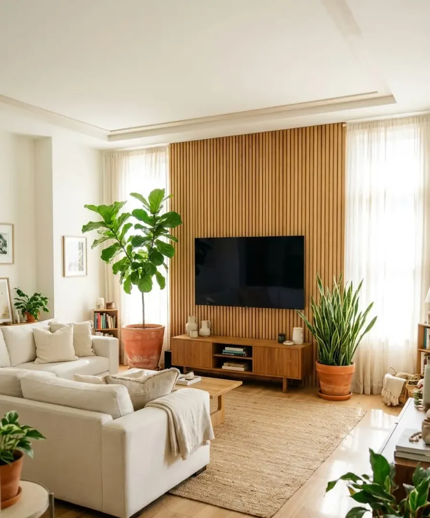 Greenery-framed slat wall
