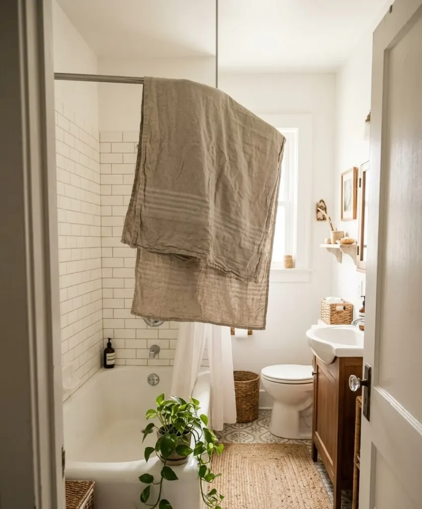 Hang a linen bath mat on the shower rod