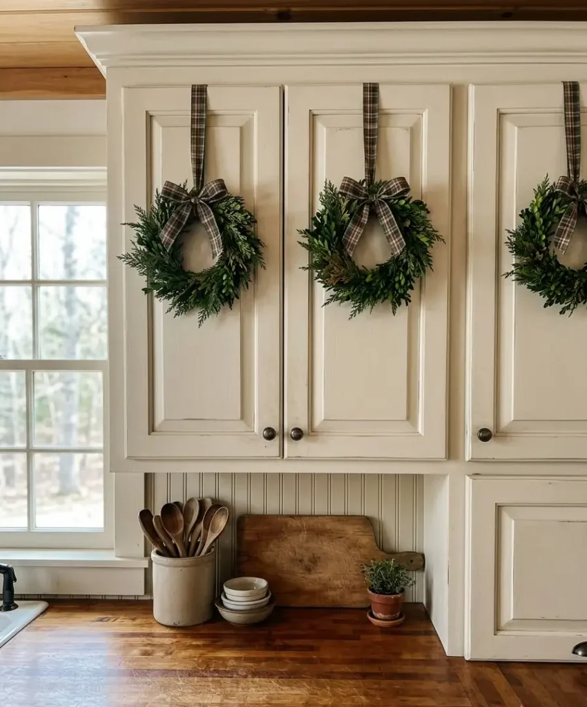 Hang a mini wreath on cabinet doors