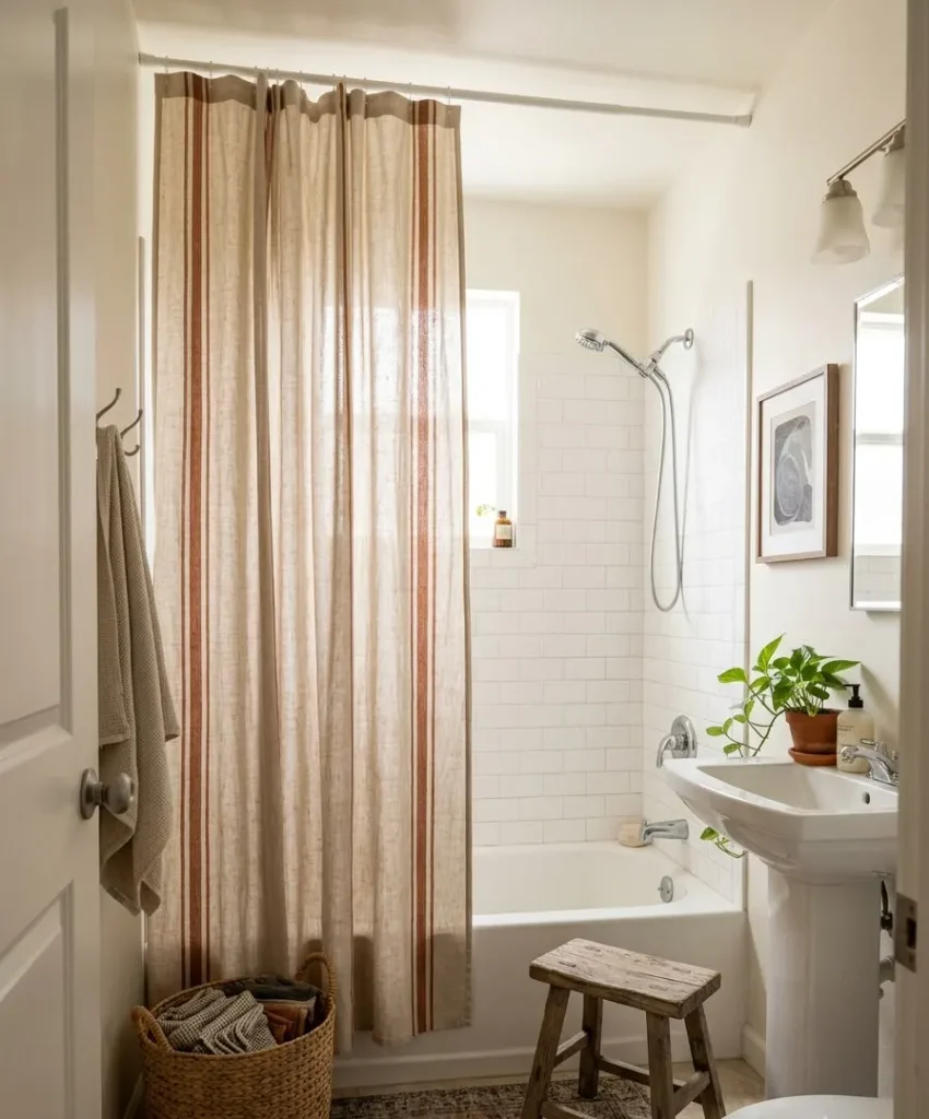 Hang a patterned shower curtain