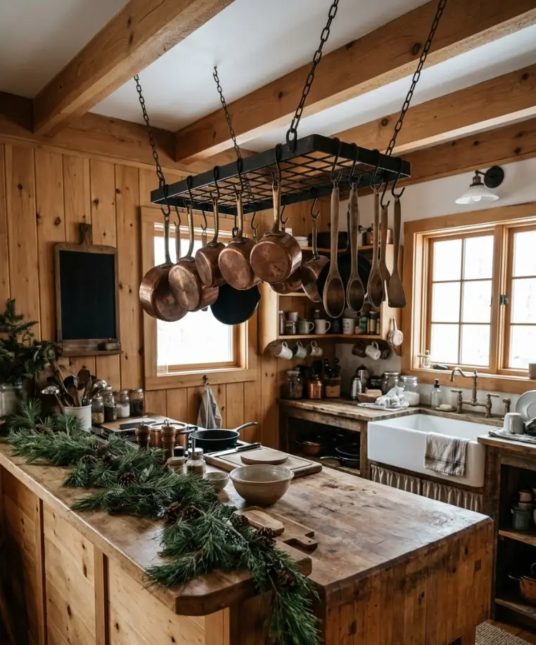 Hang a pot rack with greenery