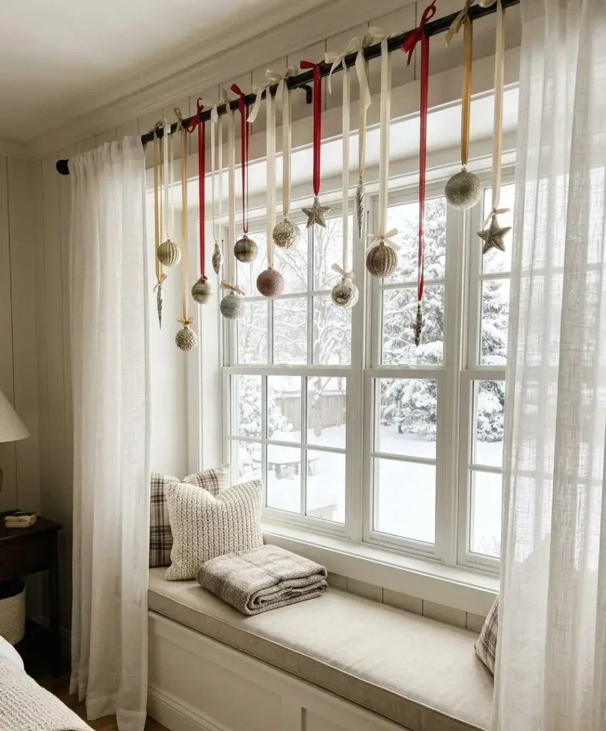 Hang ornaments from the curtain rod