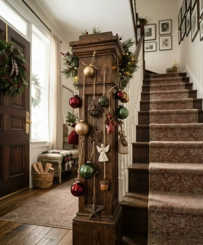 Hanging ornament cluster at the newel post
