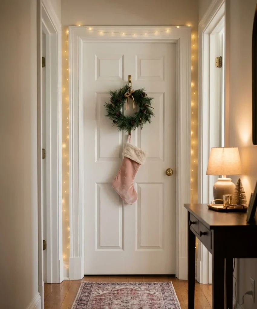 . Hanging pink stocking on the door