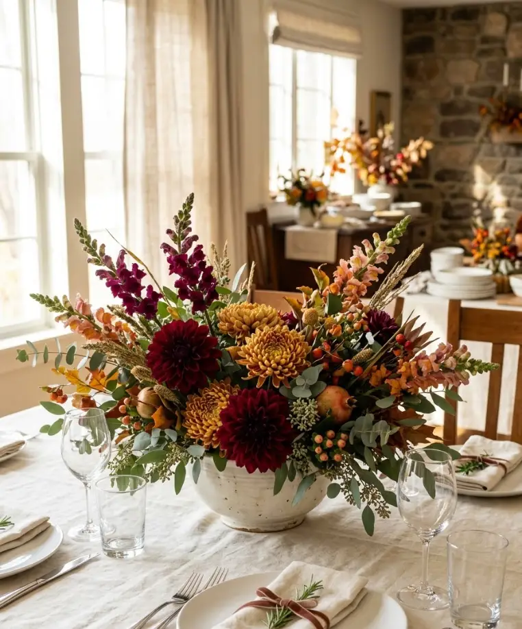 Harvest flower arrangement in a low bowl