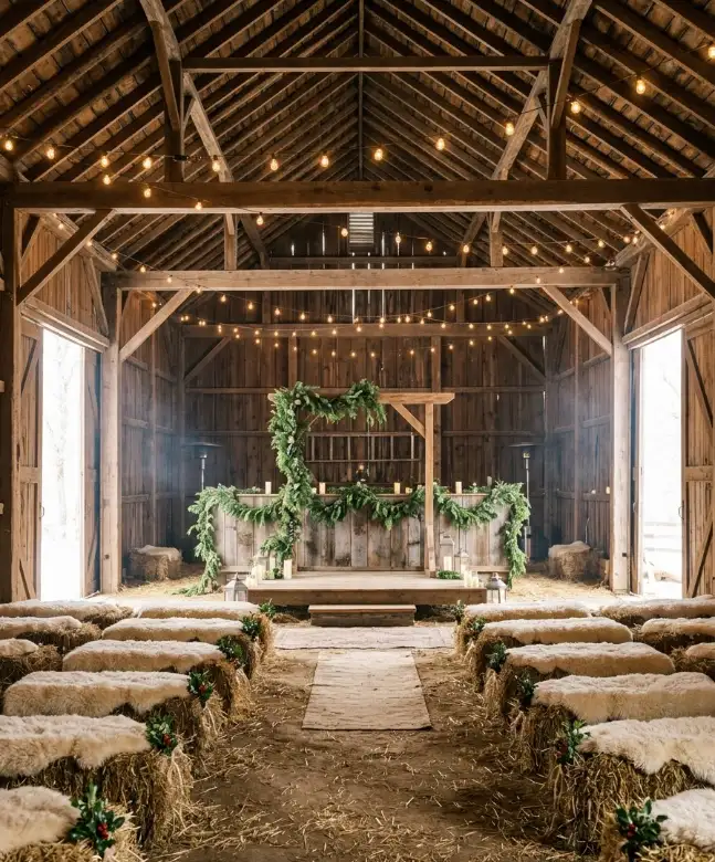 Hay bale seating with sheepskin throws