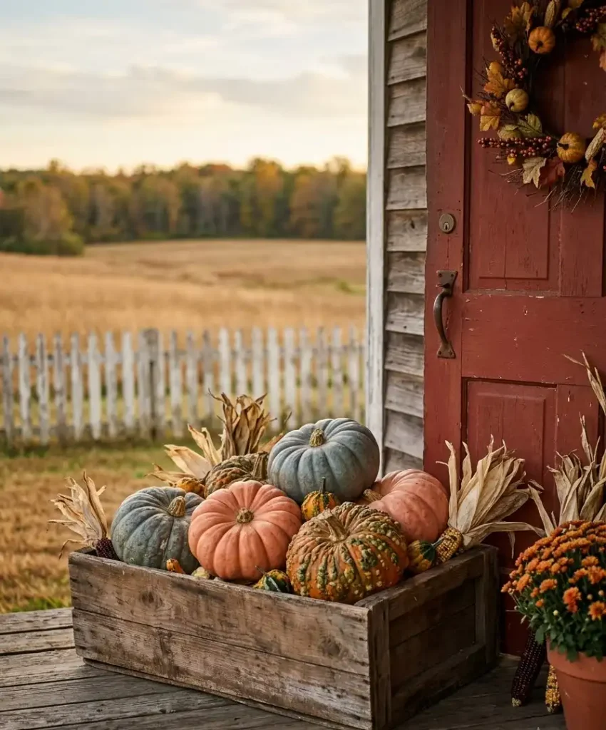 Heirloom pumpkins in a wooden crate