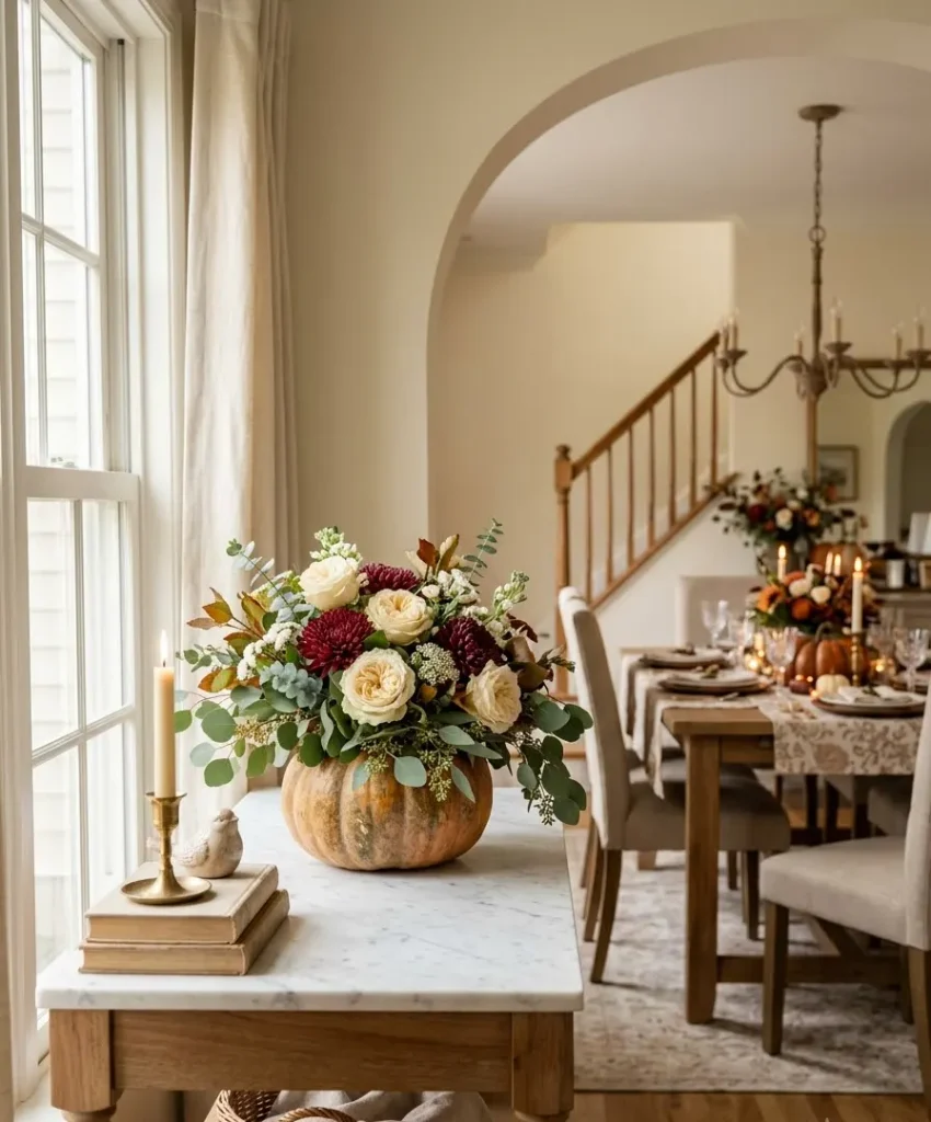 Hollowed pumpkin vase with grocery-store flowers