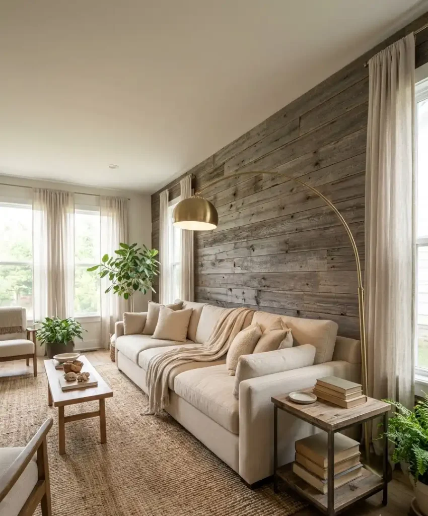 Horizontal planks behind the sofa