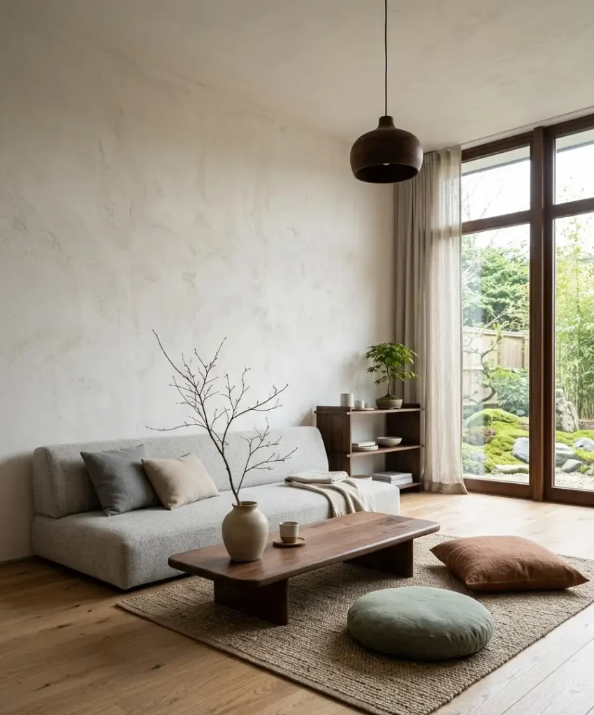 Japandi low sofa and floor cushions