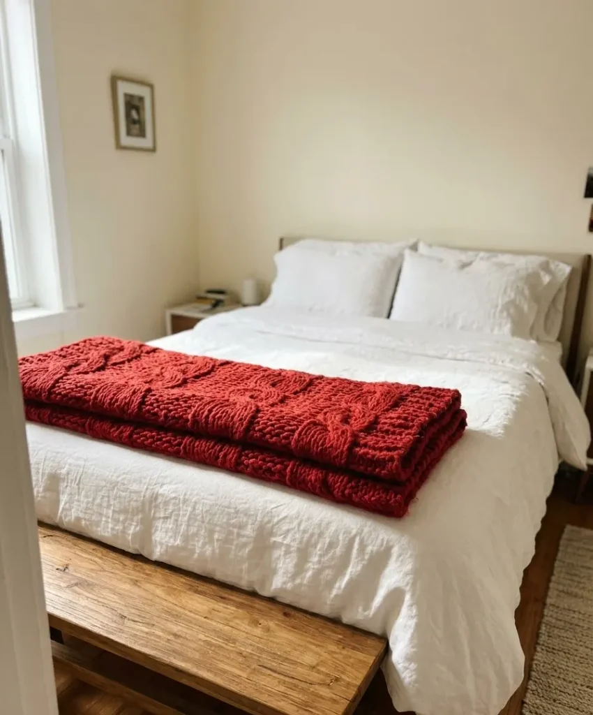 Layer a chunky red knit throw