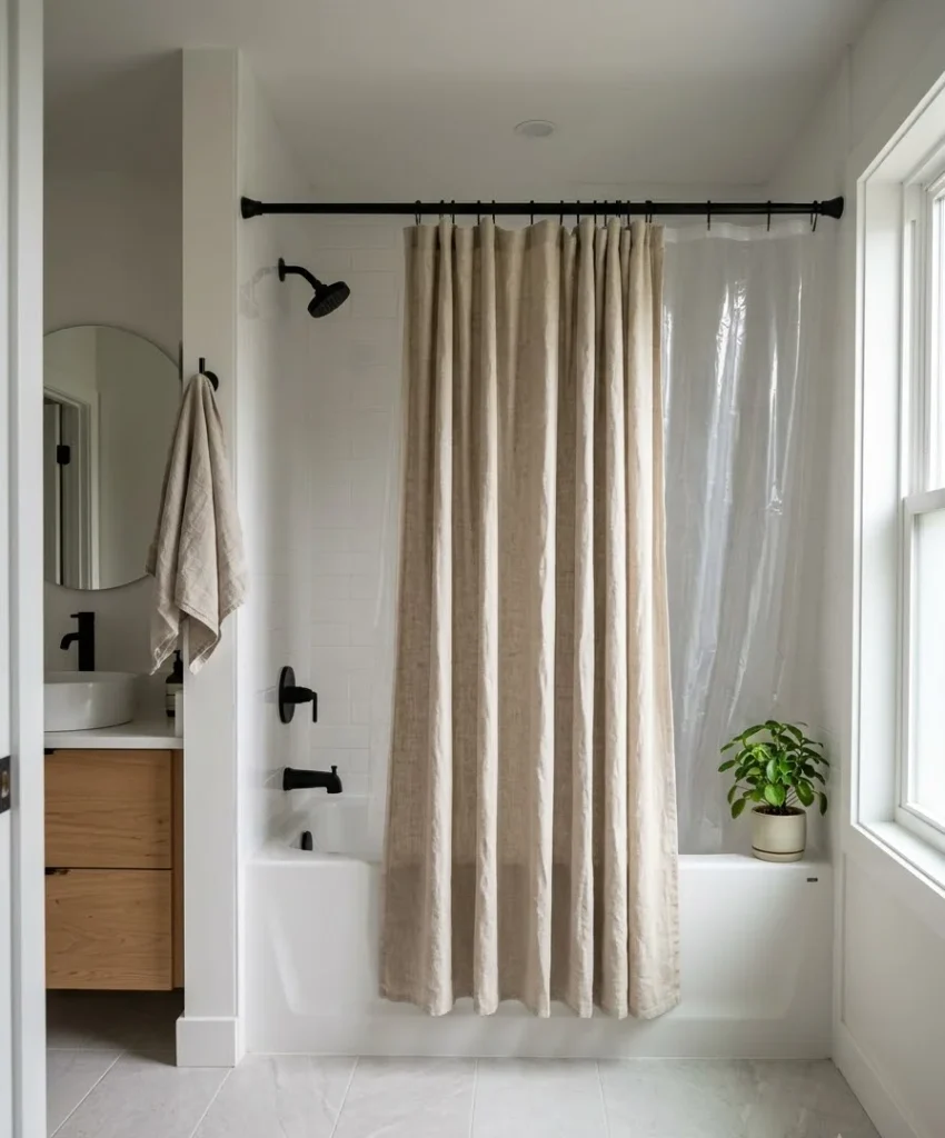 Layer a clear liner under a fabric curtain