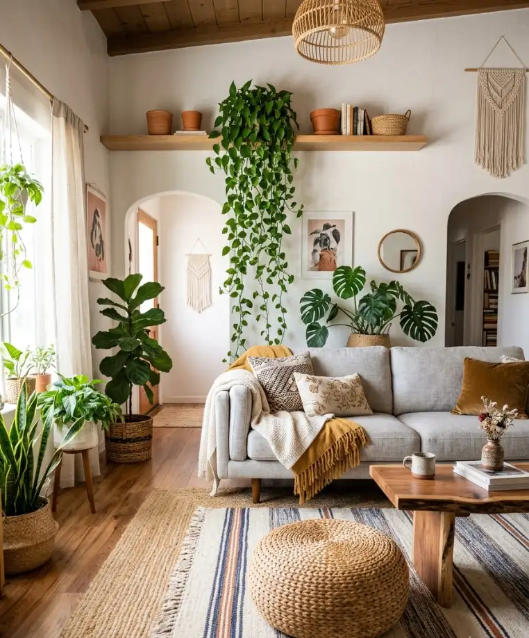 Layered rugs and trailing plants