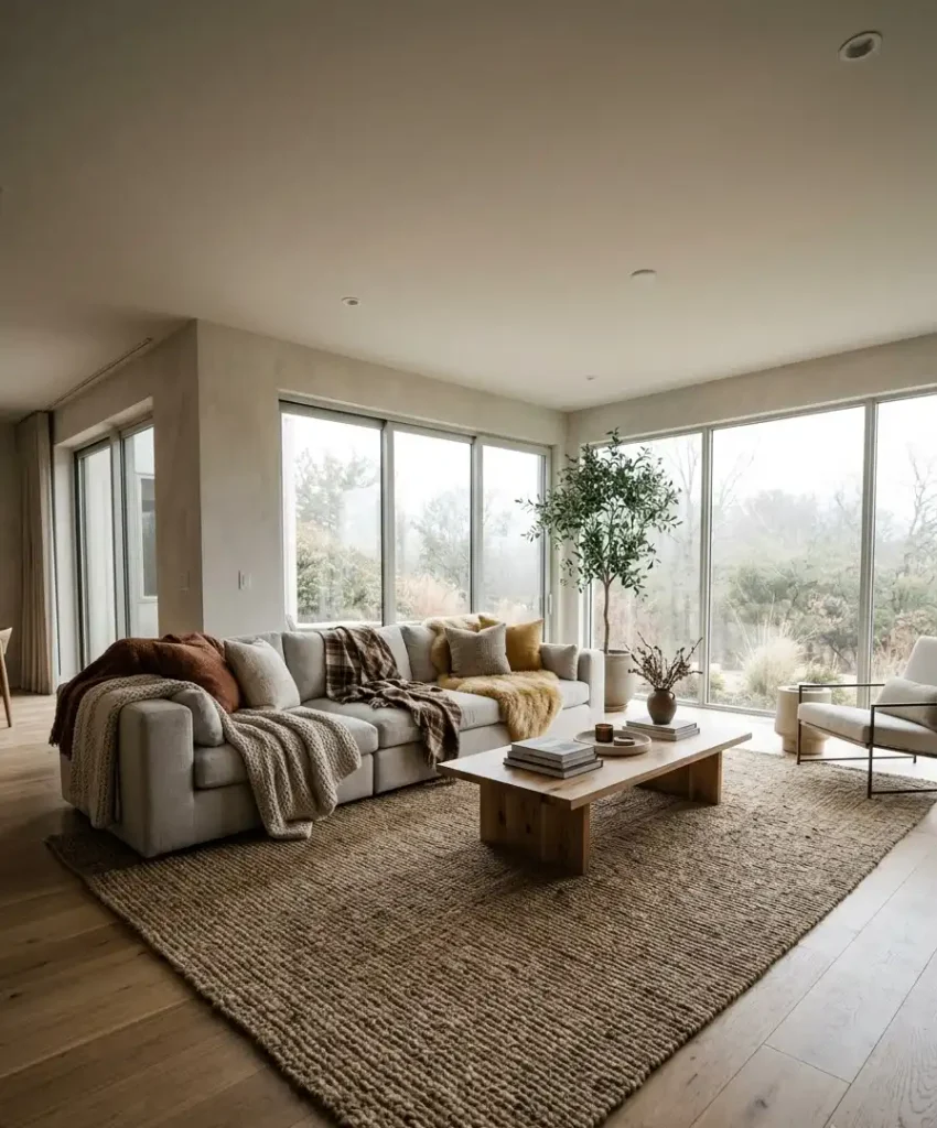 Layered throws in warm tones