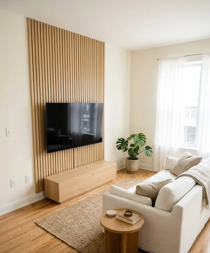 Light oak slats in a small living room