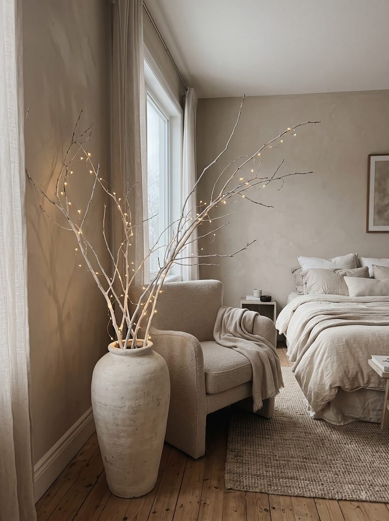Lit branches in a tall vase